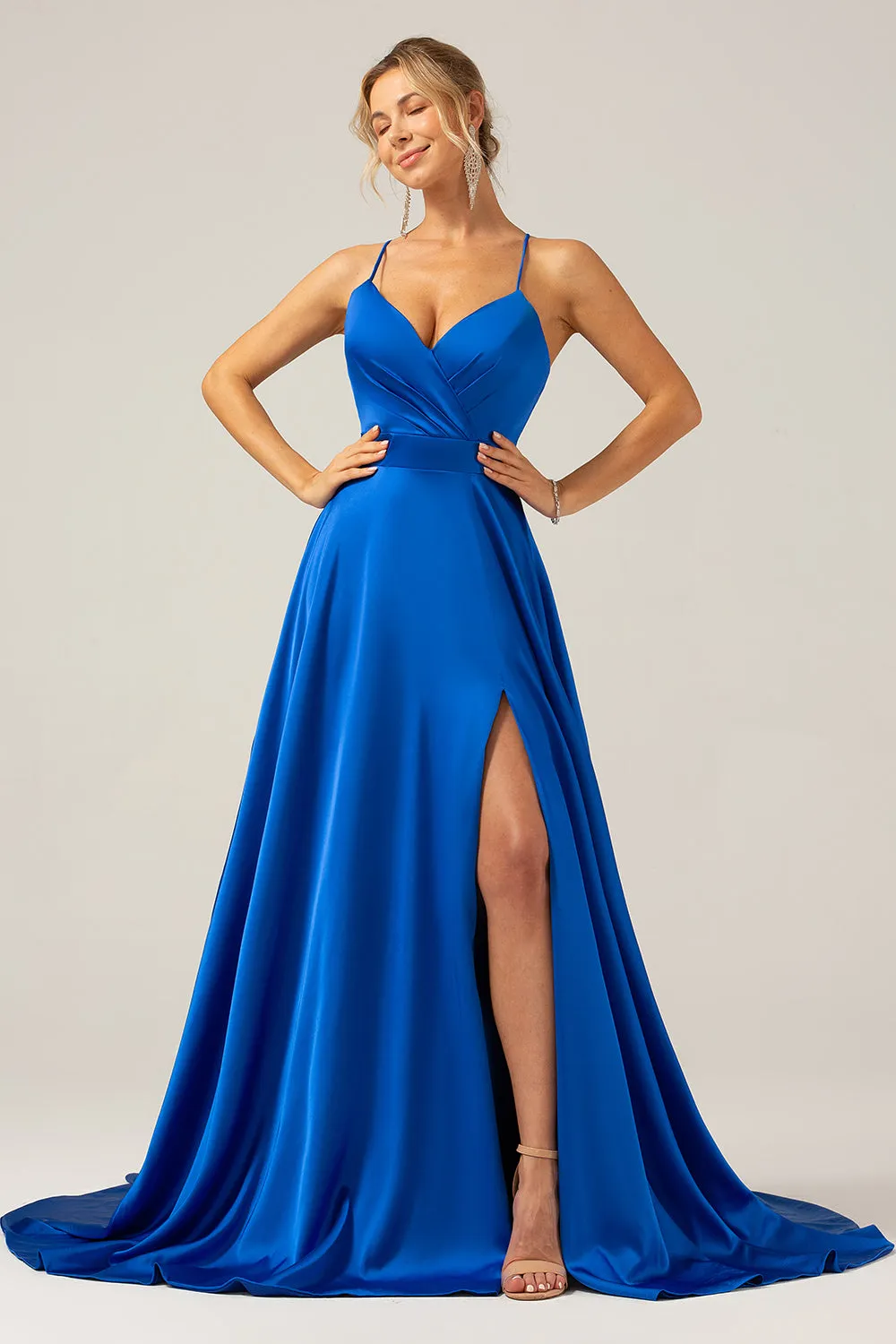 Royal Blue A Line V Neck Pleated Satin Bridesmaid Dress with Slit sold by Wedtrend product image thumbnail 4
