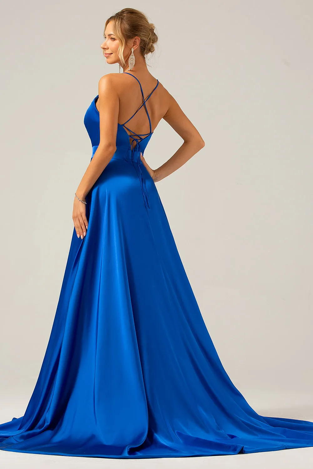 Royal Blue A Line V Neck Pleated Satin Bridesmaid Dress with Slit sold by Wedtrend product image thumbnail 2