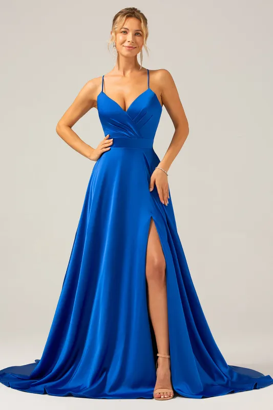 Royal Blue A Line V Neck Pleated Satin Bridesmaid Dress with Slit sold by Wedtrend