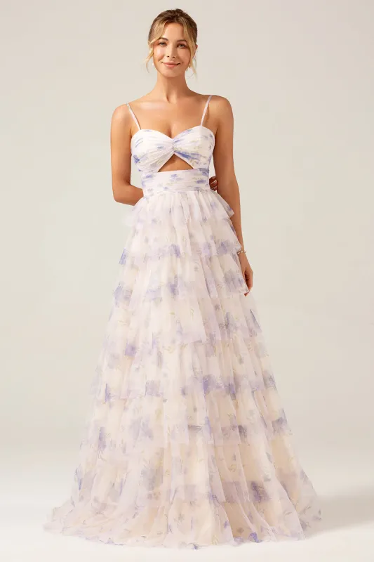 Lavender Flower A-Line Spaghetti Straps Cut Out Pleated Tiered Maxi Dress sold by Wedtrend