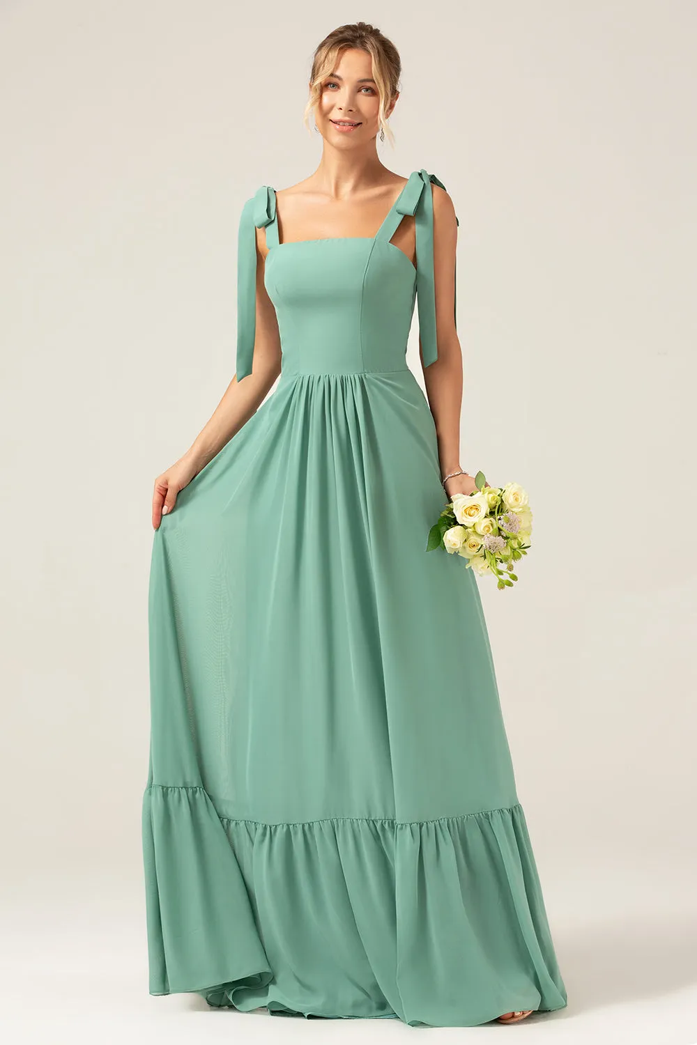 A-Line Spaghetti Straps Pleated Floor Length Eucalyptus Bridesmaid Dress sold by Wedtrend