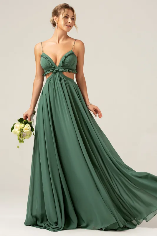 A-Line Spaghetti Straps Backless Chiffon Eucalyptus Long Bridesmaid Dress made by Wedtrend
