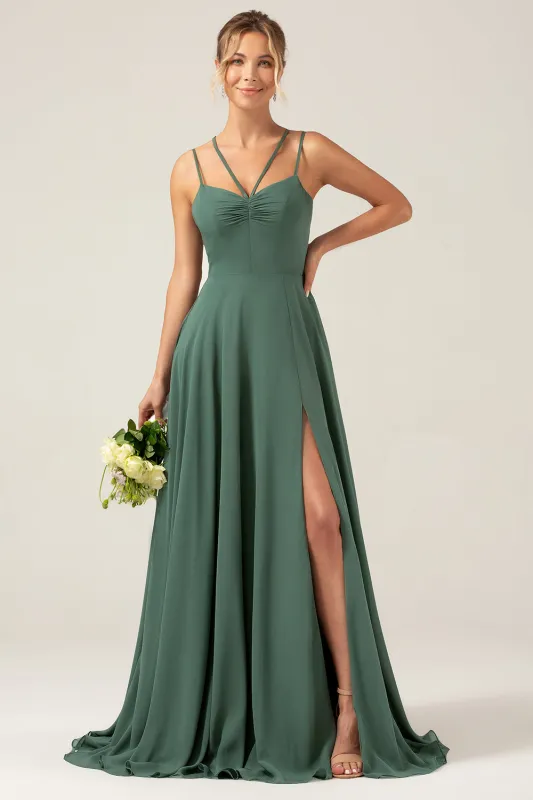 A-Line Spaghetti Straps Pleated Chiffon Eucalyptus Bridesmaid Dress With Slit sold by Wedtrend