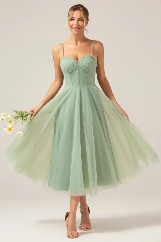 A-Line Spaghetti Straps Tea-Length Corset Tulle Matcha Bridesmaid Dress sold by Wedtrend