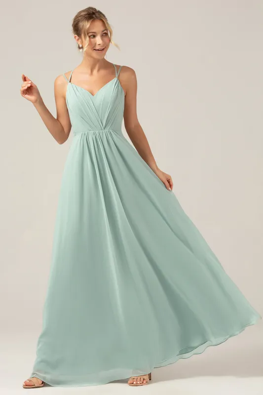 Matcha A-Line Spaghetti Straps Chiffon Floor Length Bridesmaid Dress with Pleated sold by Wedtrend