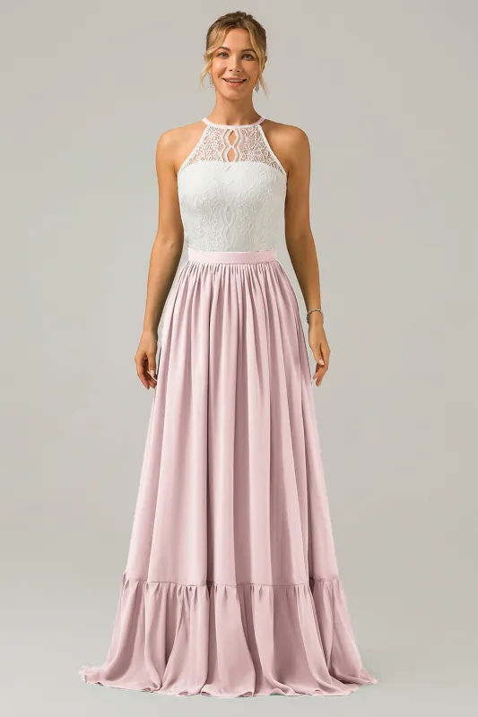 A-Line Halter Pleated Keyhole Chiffon Bridesmaid Dress With Lace made by Wedtrend