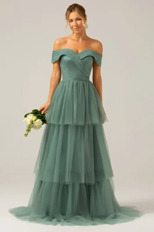 Grey Green A-Line Off The Shoulder Pleated Tiered Long Bridesmaid Dress made by Wedtrend