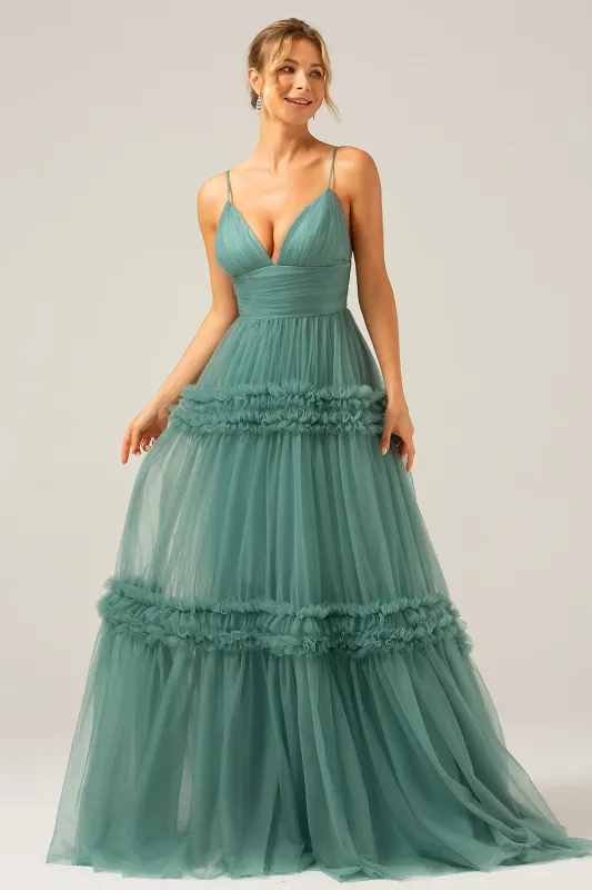 Grey Green A-Line Spaghetti Straps Pleated Backless Long Bridesmaid Dress made by Wedtrend