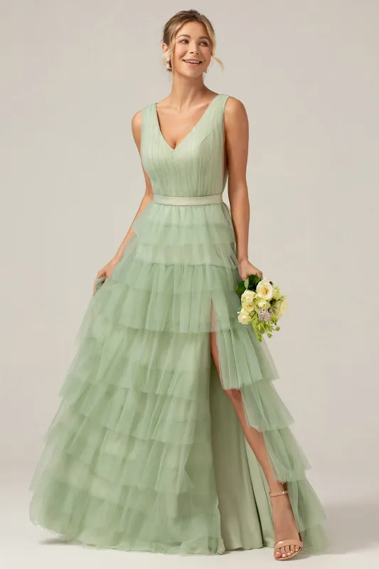 Grey Green Tulle A-Line V Neck Tiered Maxi Dress With Slit sold by Wedtrend