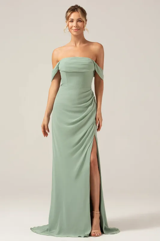 Dusty Sage Sheath Off the Shoulder Pleated Chiffon Bridesmaid Dress With Slit sold by Wedtrend