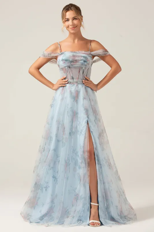 Blue Flower A-Line Spaghetti Straps Corset Long Prom Dress With Slit sold by Wedtrend