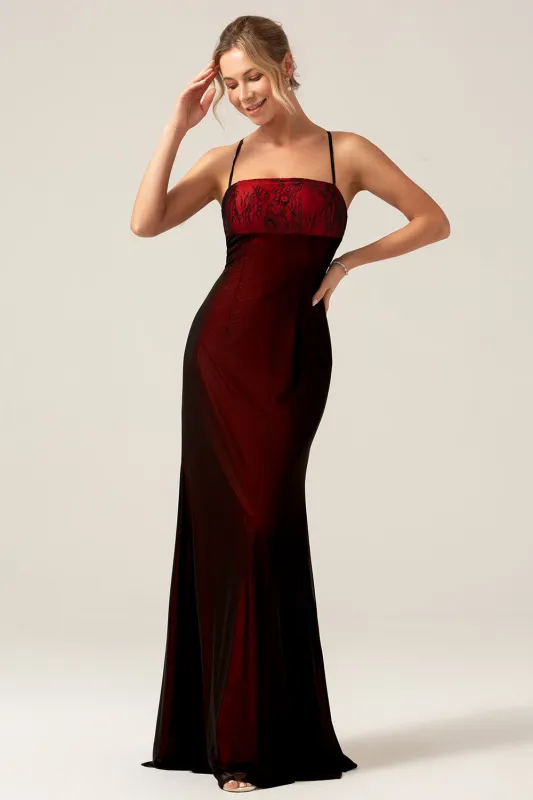 Sheath Spaghetti Straps Backless Floor Length Black Red Bridesmaid Dress made by Wedtrend