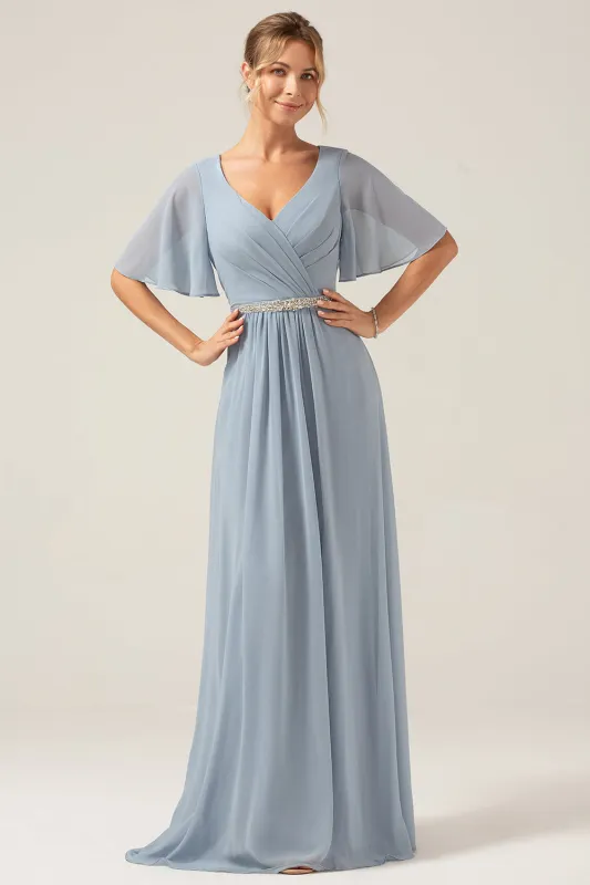 Dusty Blue A Line V Neck Chiffon Floor Length Bridesmaid Dress With Short Sleeves sold by Wedtrend