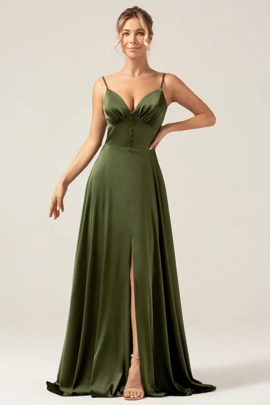 Olive A-Line Spaghetti Straps Long Bridesmaid Dress With Slit made by Wedtrend