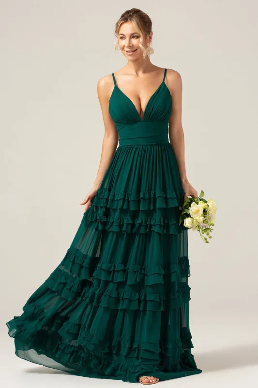 Dark Green A-Line Spaghetti Straps Tiered Pleated Long Bridesmaid Dress sold by Wedtrend