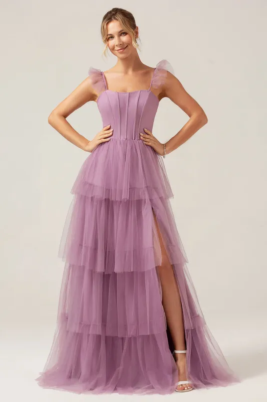 A Line Spaghetti Straps Tiered Floor Length Tulle Purple Bridesmaid Dress made by Wedtrend