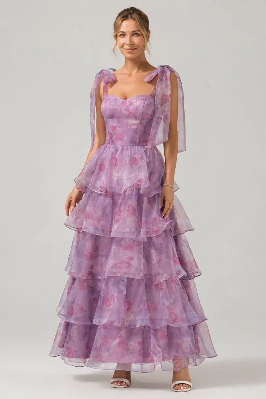 Purple A-Line Spaghetti Straps Tiered Floral Long Wedding Party Dress made by Wedtrend