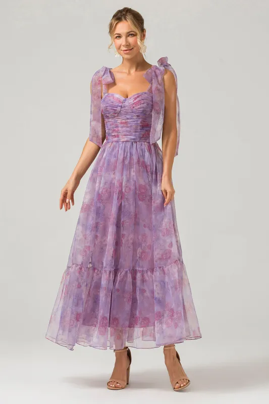 Purple A Line Pleated Printed Tea-Length Bridesmaid Dress made by Wedtrend