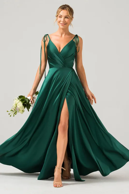 Dark Green A-Line Spaghetti Straps Pleated Satin Long Bridesmaid Dress With Slit made by Wedtrend