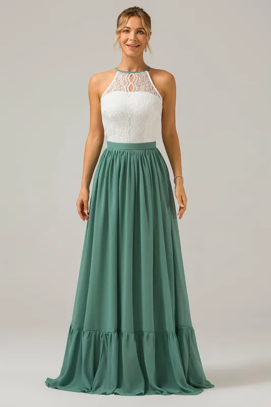 Eucalyptus A-Line Halter Pleated Keyhole Chiffon Bridesmaid Dress With Lace sold by Wedtrend
