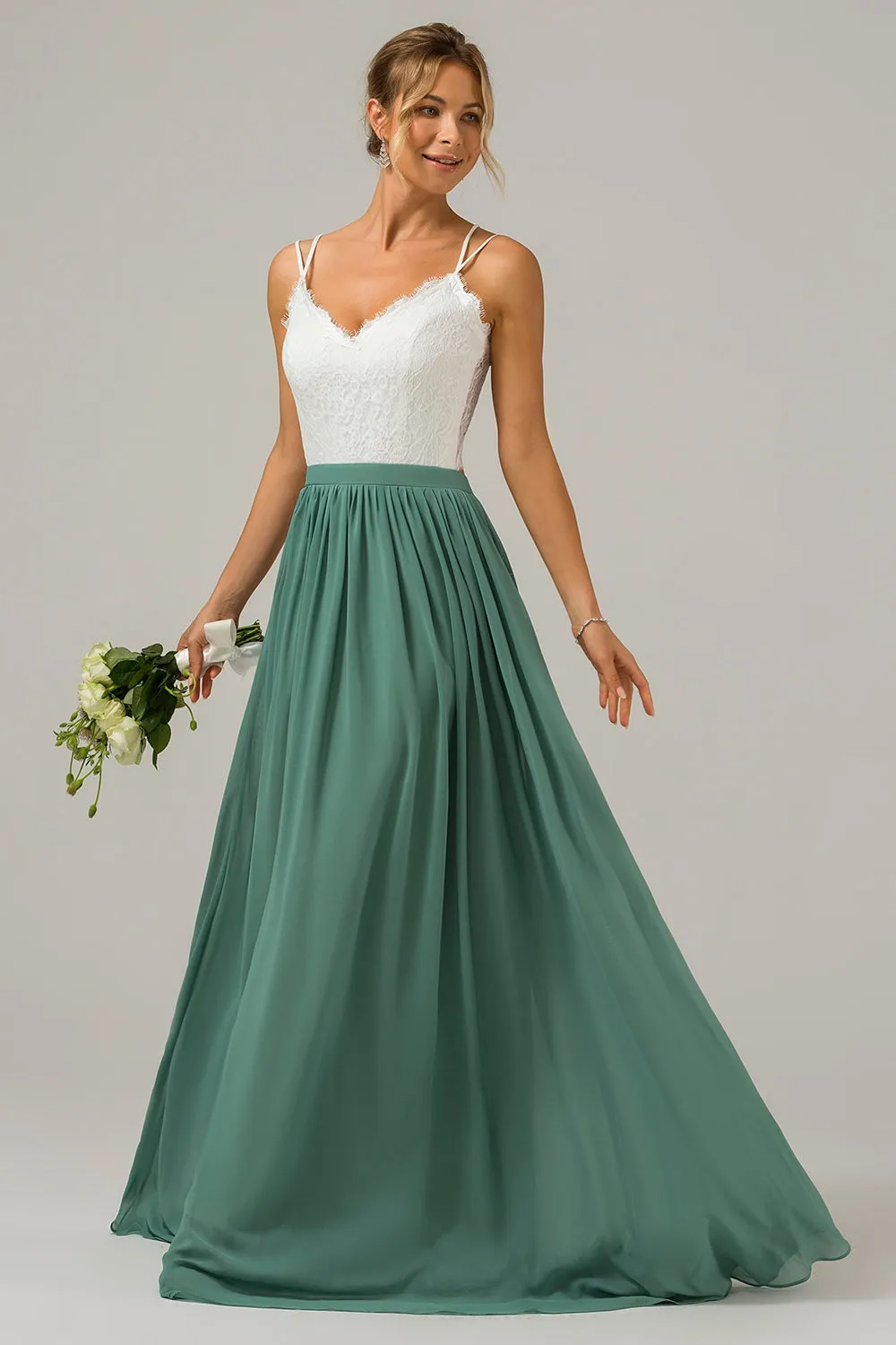 Eucalyptus A-Line Spaghetti Straps Pleated Long Bridesmaid Dress With Lace sold by Wedtrend product image thumbnail 3