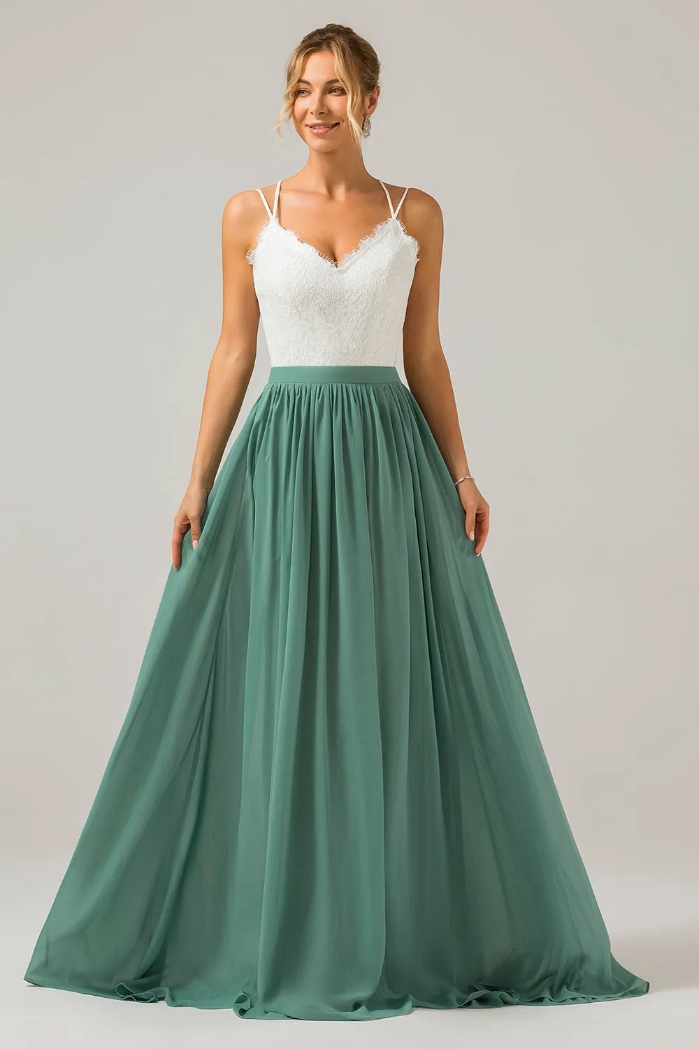 Eucalyptus A-Line Spaghetti Straps Pleated Long Bridesmaid Dress With Lace sold by Wedtrend