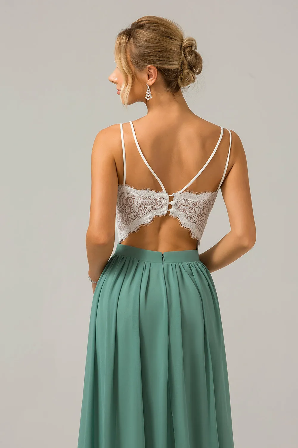 Eucalyptus A-Line Spaghetti Straps Pleated Long Bridesmaid Dress With Lace sold by Wedtrend product image thumbnail 5