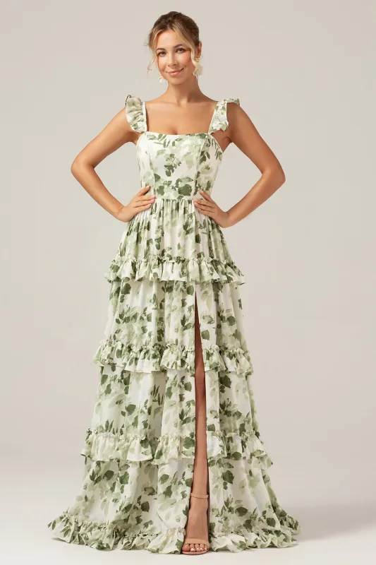 Green Flower A-Line Printed Tiered Long Bridesmaid Dress With Slit sold by Wedtrend