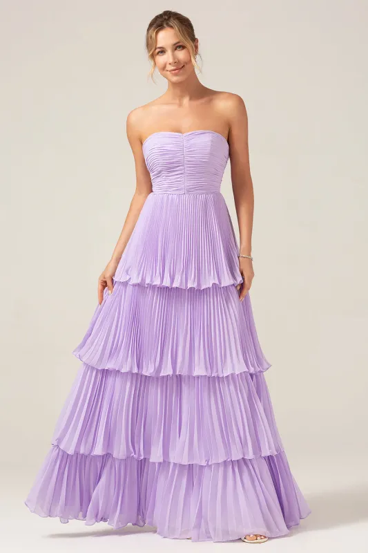 A-Line Sweetheart Tiered Floor Length Chiffon Lilac Bridesmaid Dress sold by Wedtrend