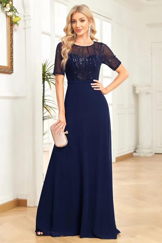 Sparkly Navy A Line Round Neck Sequin Formal Dress with Short Sleeves sold by Wedtrend