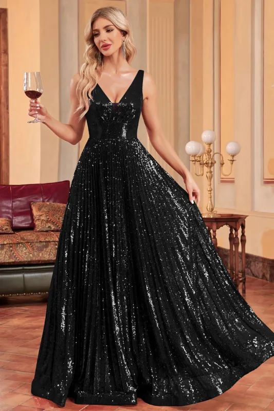 Sparkly Black A-Line Pleated Long Prom Dress with Sequins made by Wedtrend
