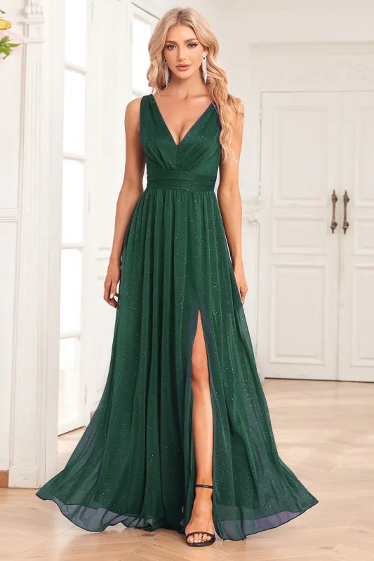 Dark Green A-Line Sparkly V-Neck Pleated Prom Dress with Slit made by Wedtrend