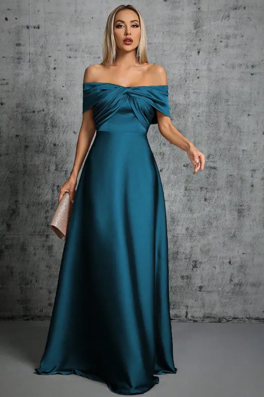 Peacock Blue Satin Off The Shoulder Pleated Formal Dress made by Wedtrend