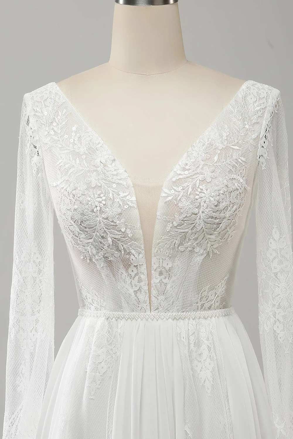 White A Line V Neck Long Sleeve Beach Boho Bridal Dress with Lace Appliqued sold by Wedtrend product image thumbnail 5