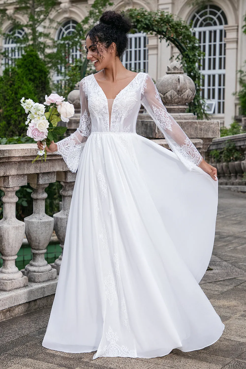White A Line V Neck Long Sleeve Beach Boho Bridal Dress with Lace Appliqued sold by Wedtrend product image thumbnail 3