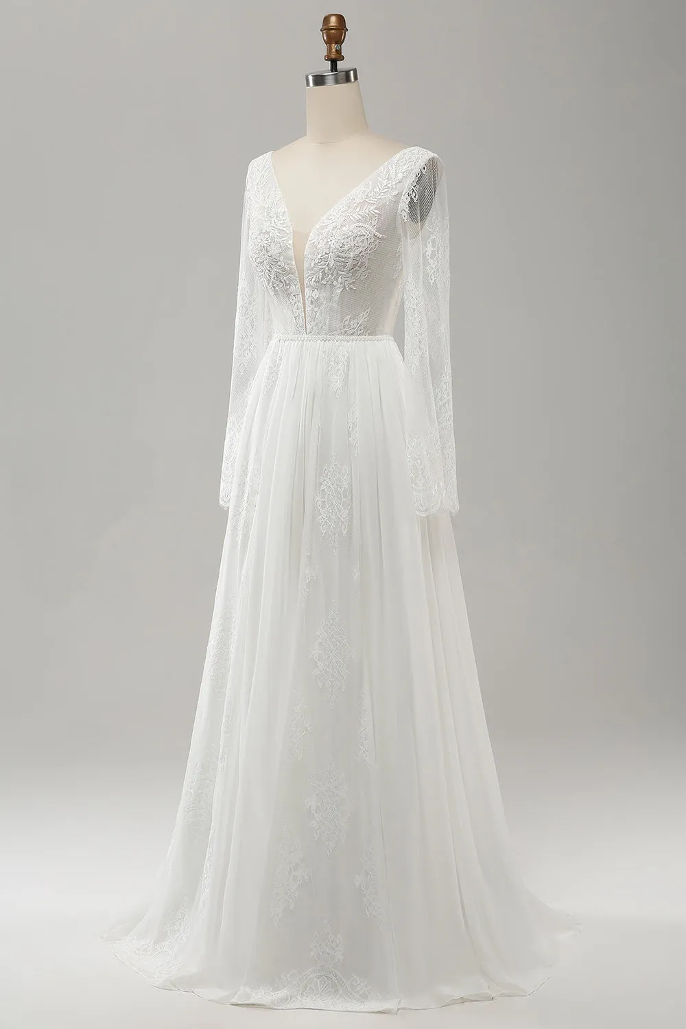 White A Line V Neck Long Sleeve Beach Boho Bridal Dress with Lace Appliqued sold by Wedtrend product image thumbnail 4