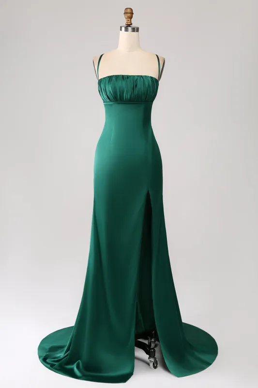 Dark Green Sheath Spaghetti Straps Pleated Maxi Dress With Slit made by Wedtrend