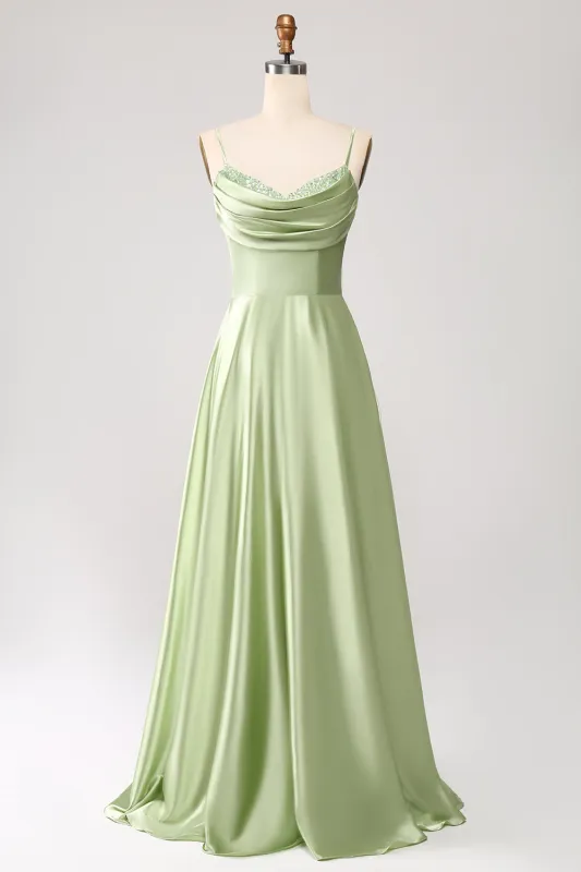 Green A-Line Cowl Neck Spaghetti Straps Maxi Dress With Sequins sold by Wedtrend