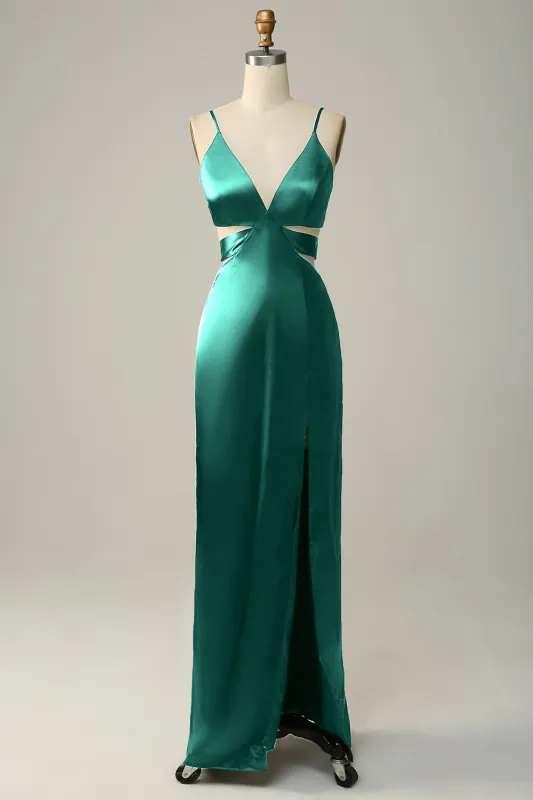 Dark Green Sheath Spaghetti Straps Cut Out Satin Long Bridesmaid Dress sold by Wedtrend