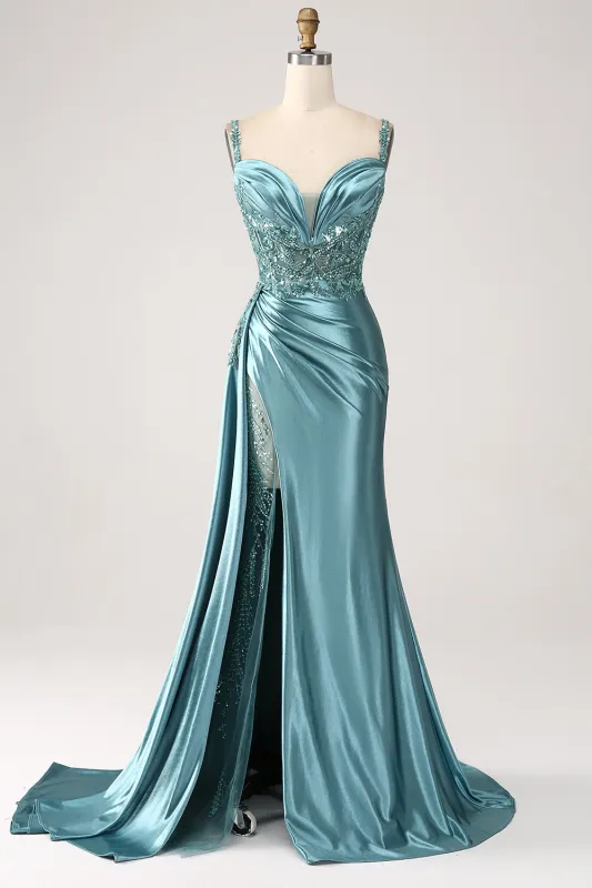 Blue Mermaid V-Neck Satin Side Streamer Long Appliques Sequin Prom Dress With Slit sold by Wedtrend