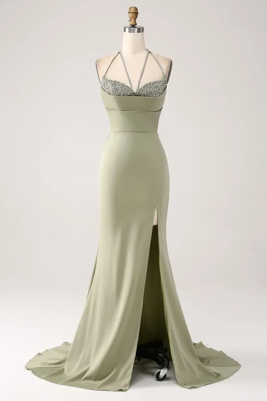 Sheath Pistachio V-Neck Beaded Long Prom Dress With Slit sold by Wedtrend