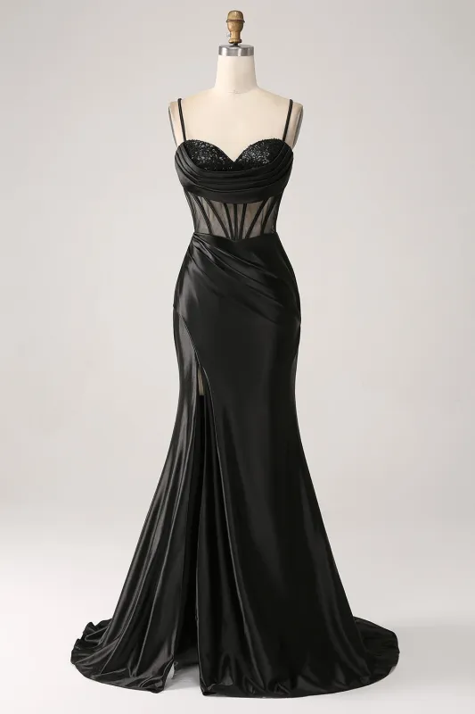 Mermaid Sweetheart Black Satin Long Prom Dress With Beading sold by Wedtrend