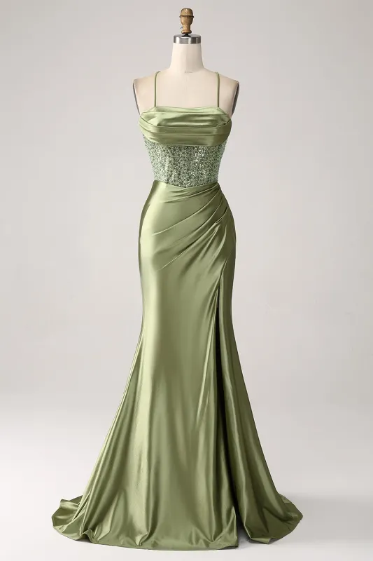 Army Green Mermaid Cowl Neckline Sequin Long Prom Dress With Slit sold by Wedtrend