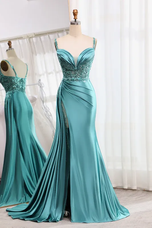 Mermaid V-Neck Satin Long Appliques Sequin Blue Prom Dress With Slit sold by Wedtrend