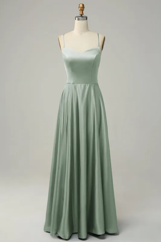 Dusty Sage A Line Spaghetti Straps Backless Satin Bridesmaid Dress sold by Wedtrend