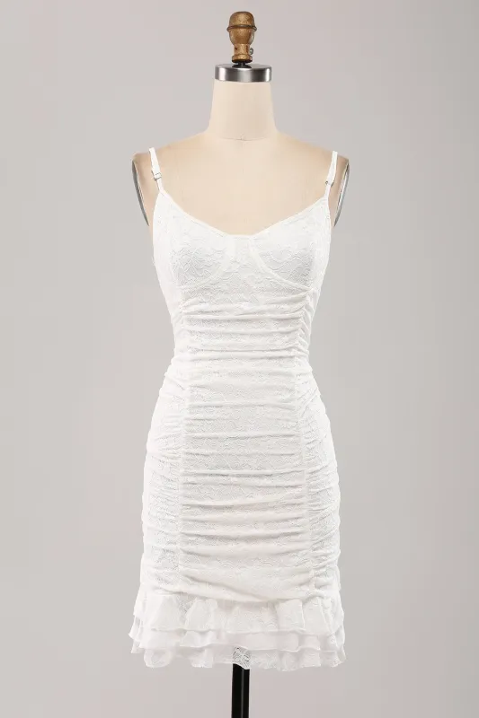 Classy Bodycon Spaghetti Straps Pleated White Short Graduation Dress With Lace sold by Wedtrend