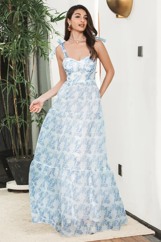 Blue Floral A Line Spaghetti Straps Boho Maxi Summer Dress sold by Wedtrend