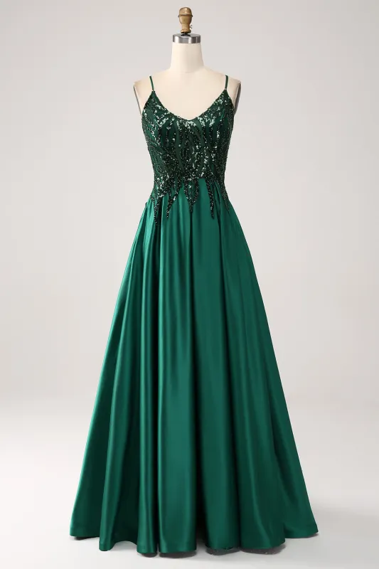 Sparkly Dark Green A-Line Spaghetti Straps Long Prom Dress With Sequins sold by Wedtrend
