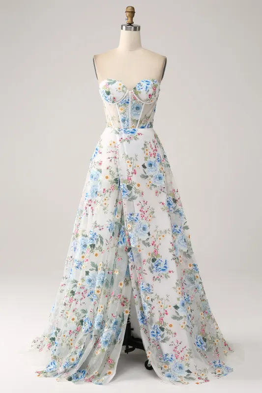 White Blue Flower A-Line Strapless Corset Long Prom Dress With Slit sold by Wedtrend