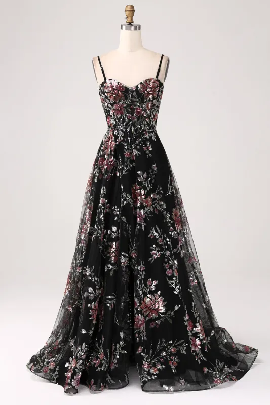 Black Flower A-Line Spaghetti Straps Sequins Long Corset Prom Dress With Slit made by Wedtrend